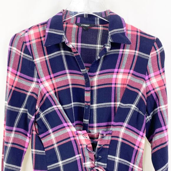 EXPRESS Plaid Checker Lace Up Button Up Long Sleeve Top - Picture 8 of 9